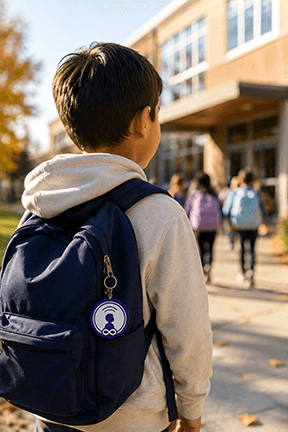 A child wearing a backpack with an Indigo KinTag clipped to it